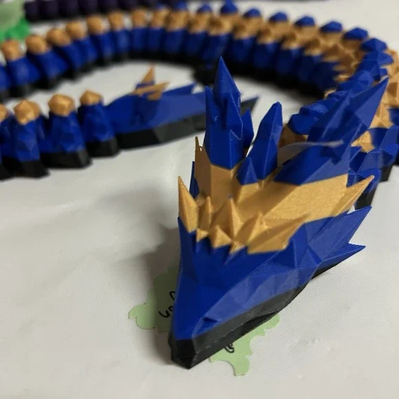 3D Printed Fully Articulated Dragon Blue Gold Fidget Toys Home Office Decor 24 " - Picture 2 of 7